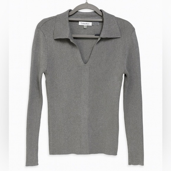 Calvin Klein Sweaters - Calvin Klein Metallic Gray Johnny collar  Knit Top Size Medium